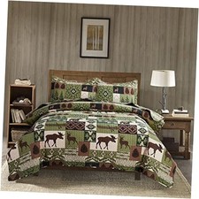 Bedding Set King Size Rustic Cabin Quilts Moose King 96  x 108   Green Deer
