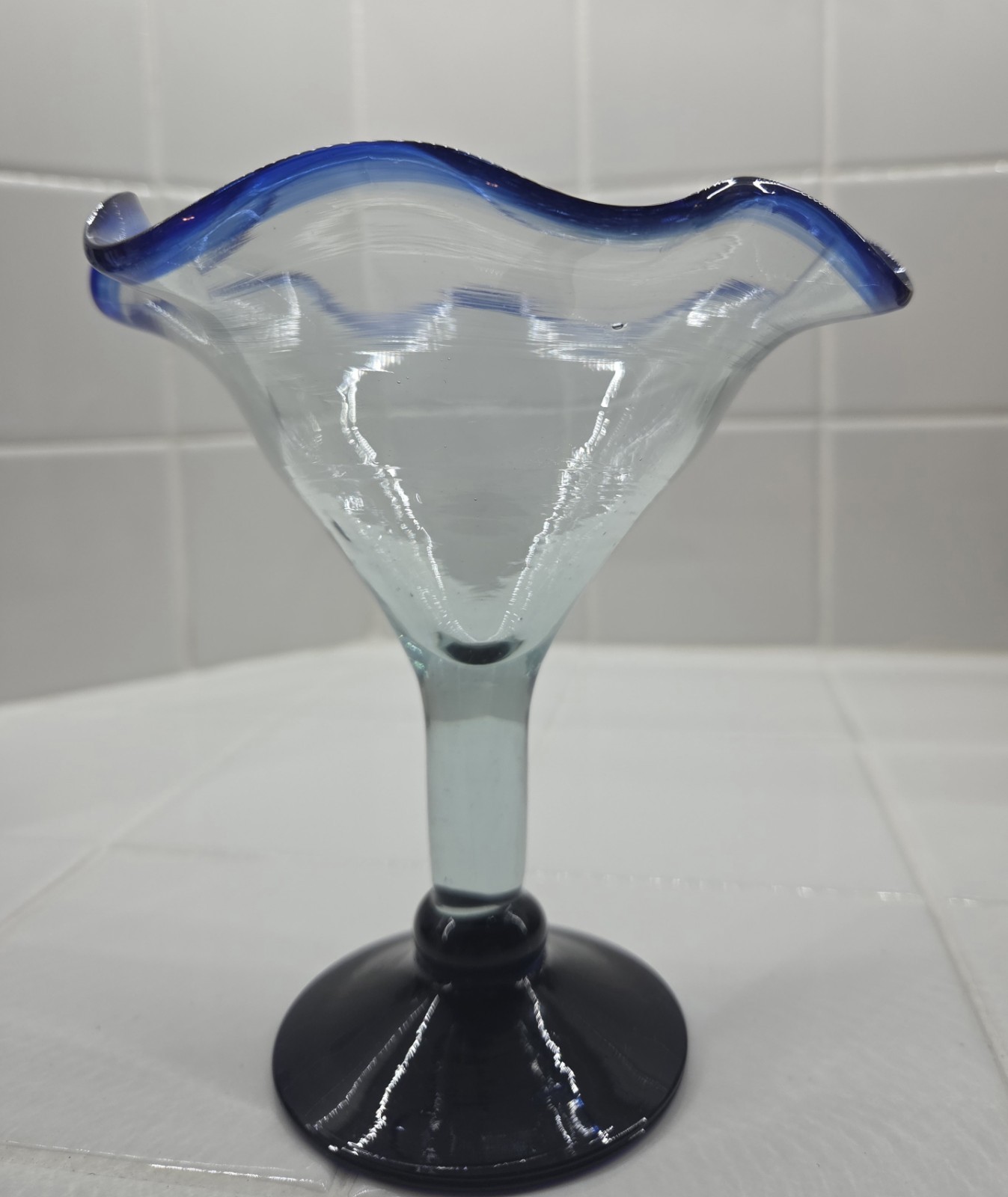 Handblown Mexican Glass Cobalt Blue  Ruffle Edge Goblet/Candy Dish