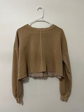 Arizona Jean Co Women Pullover Sweatshirt Beige Cropped Raw Hem Crewneck M READ