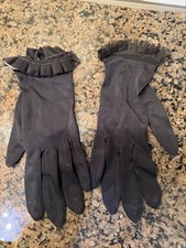 Vintage Van Raalte Black Nylon Gloves With Ruffled Mesh Cuff