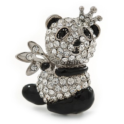 Kristall, schwarze Emaille Königin Panda Bär Brosche aus rhodiniertem Metall - 35 mm