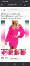 Btfbm Ruched Mesh Bodycon Dress Pink V-Neck Balloon Long Sleeve Women's Short