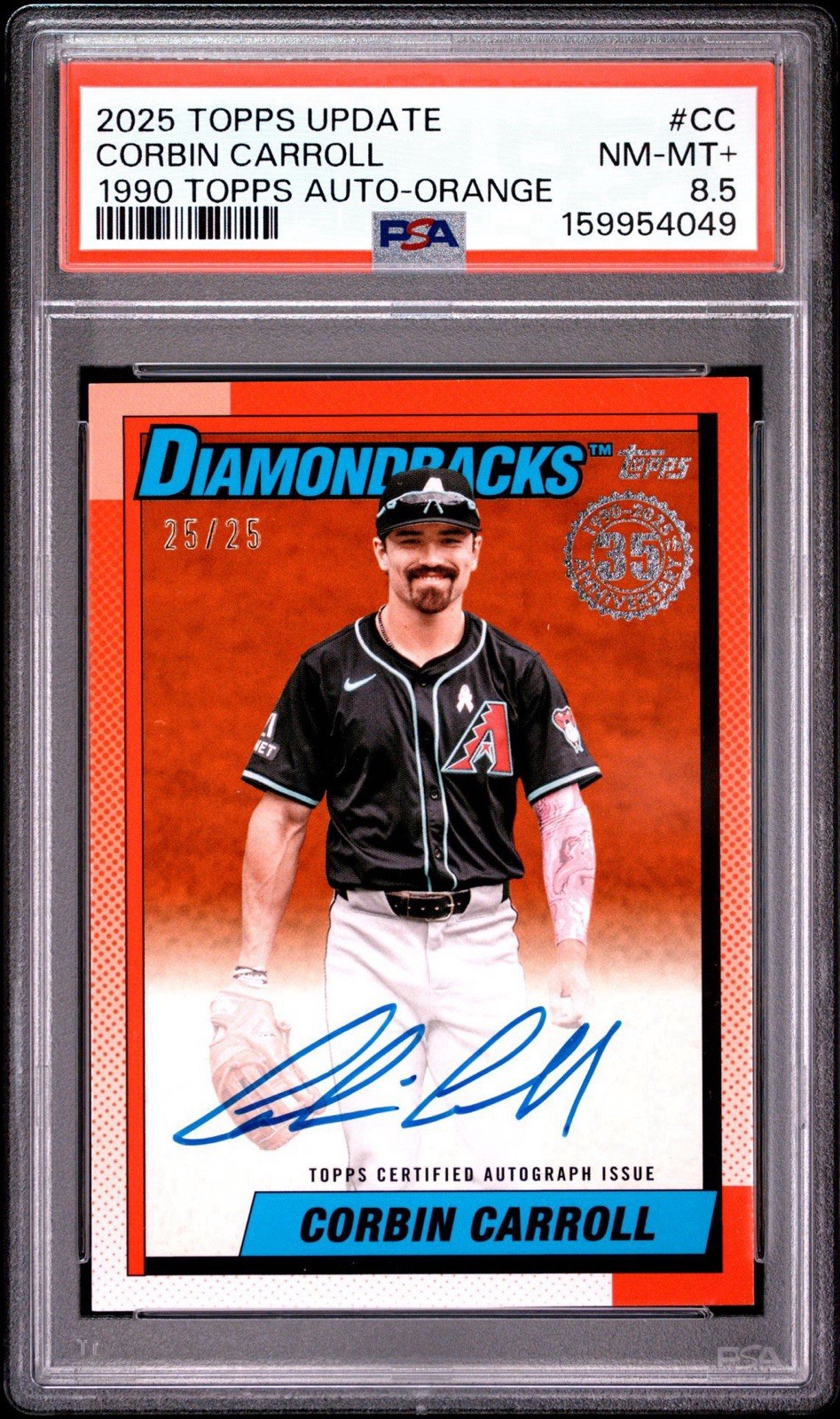 2025 Topps Update Corbin Carroll 90AU-CC 1990 Orange Auto 25/25 PSA 8.5 Bookend