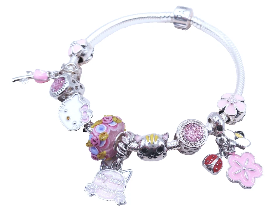 PANDORA 银手镯 粉色 KITTY 最佳朋友 猫 爱人 欧洲饰品! — 第 2/4 张图片