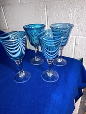 Hand Blown Glass Wine Water Goblets Blue Teal...