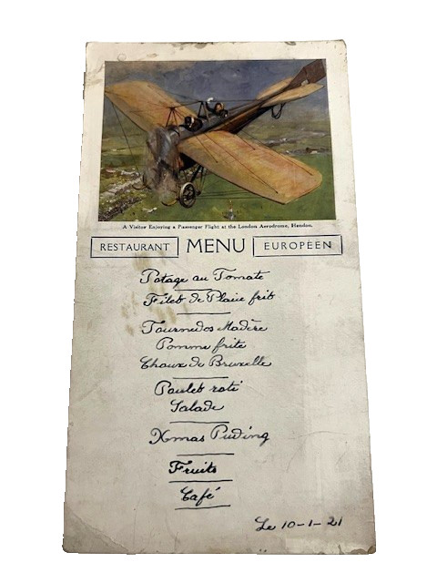1921 LONDON AERODROME HENDON AVIATION RESTAURANT MENU FRENCH DINING - #826