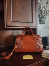 Patricia Nash Cinnamon Filigree Applique Skye Leather Satchel Crossbody Strap