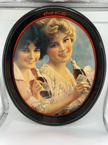 Vintage Metal Oval Coca-Cola Advertising Serving Tray Two Girls 15”x12”