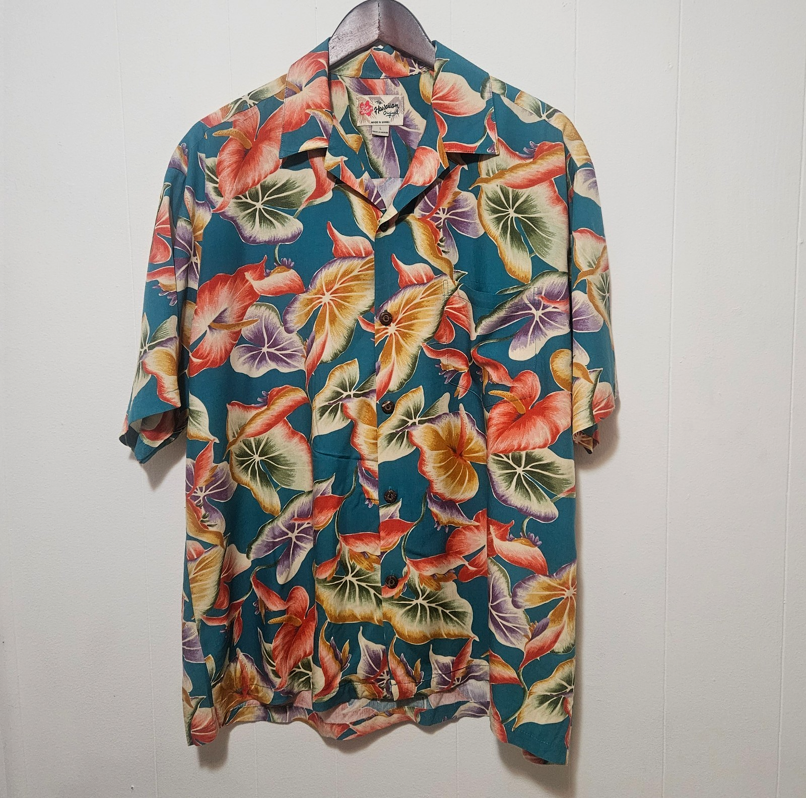 Vintage Hilo Hattie Men's Large Tropical Hawaiian Leaves Short Sleeve Shirt