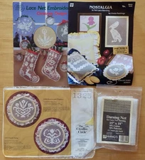 Lace Net Darning Embroidery Lot - Patterns Net and Kit