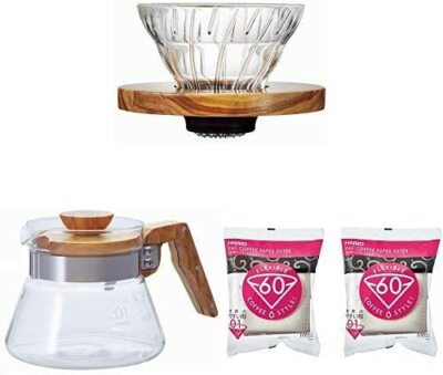 HARIO V60 Heat Resistant Glass Coffee Driper, Olive Wood, Carafe & paper filter 
