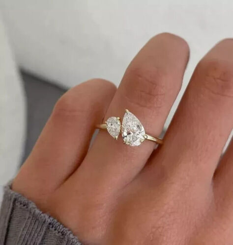 2.40Ct Pear Cut Moissanite Toi Et Moi Engagement Ring 14K Yellow Gold Plated - Picture 4 of 6