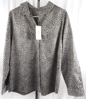 NWT Chic's Womens Button Up L/S No Iron Coolmax Gray Leopard Print Size 3 $89.50
