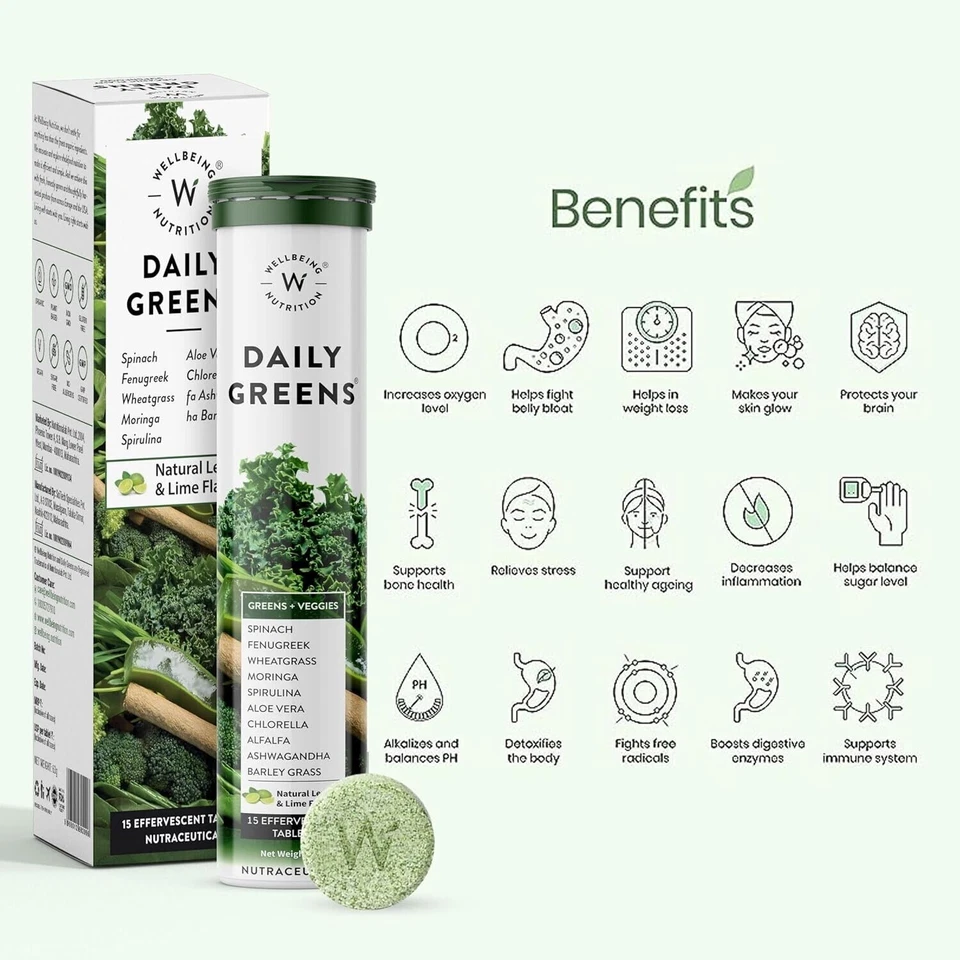 Wellbeing Nutrition Daily Greens (15 comprimidos efervescentes) | Vitamina C, zinc, B6 Foto 2 de 4