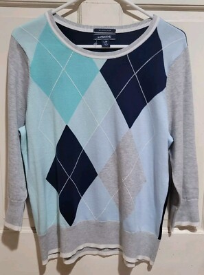 lands end argyle Pullover Sweater L/P Scoop Neck 3/4 Sleeve Mixed Blues