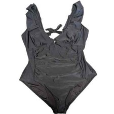 Halcurt Plus Size Black One Piece Swimsuit 2X Ruffle Trim V Neck Full Coverage
