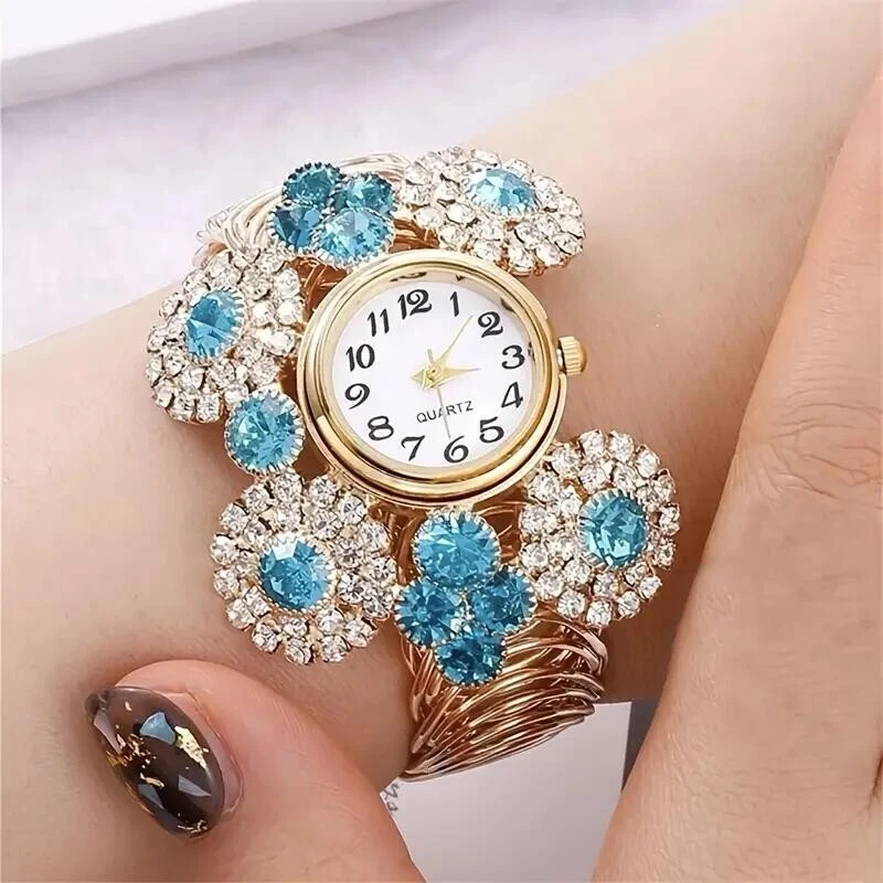 Lujo Moda Mujeres Azul Estrás Cuarzo Reloj Pulsera Brazalete Reloj Regalo Nuevo Foto 3 de 4