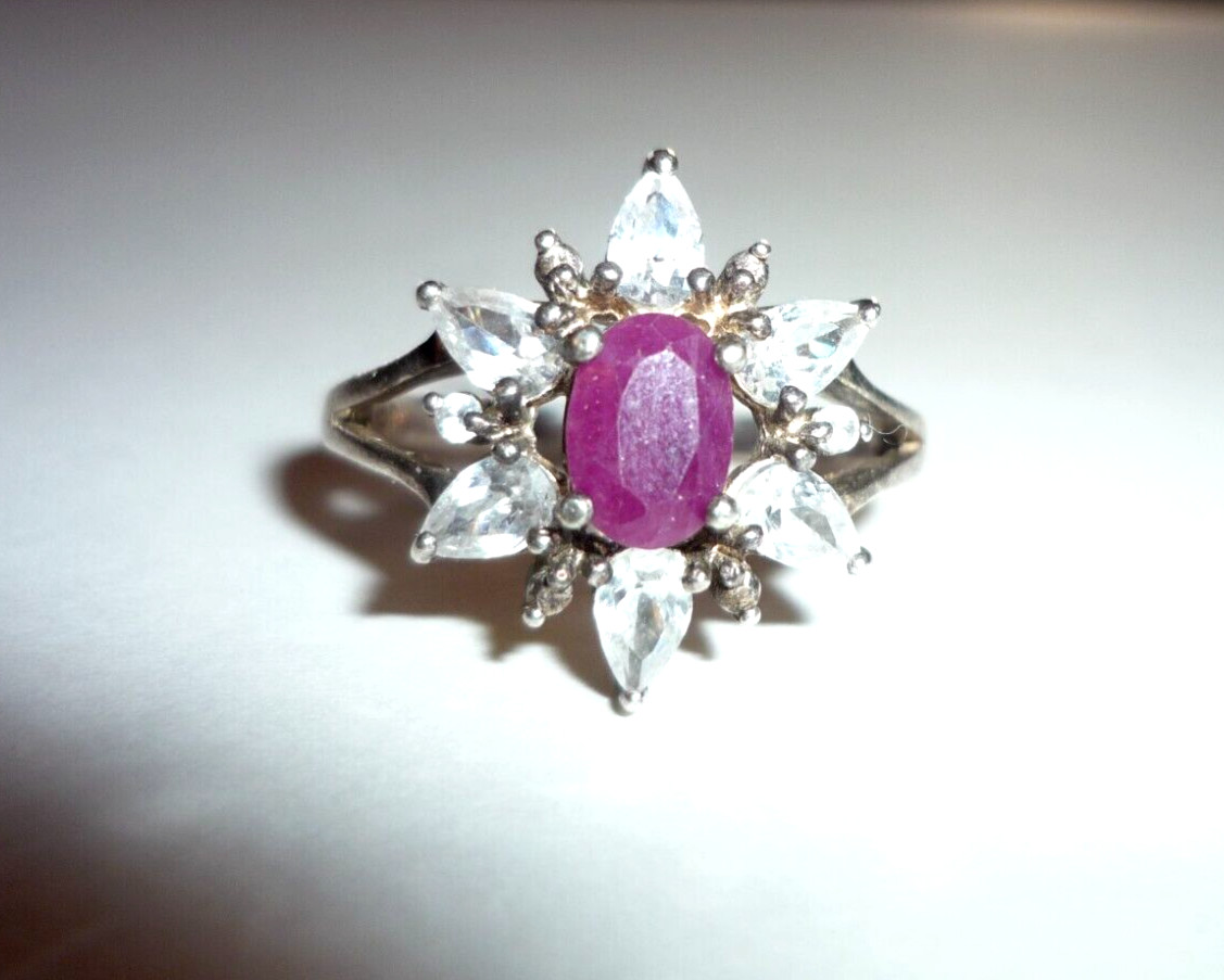 Cluster Ring Simulated Red Ruby Sterling Silver s… - image 1