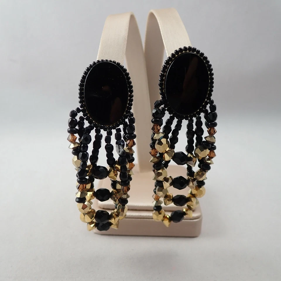 Pendientes Chipita Negro Ónix Dorado Metálico En Niveles Colgantes Cristal Pierced en Tarjeta Foto 3 de 4