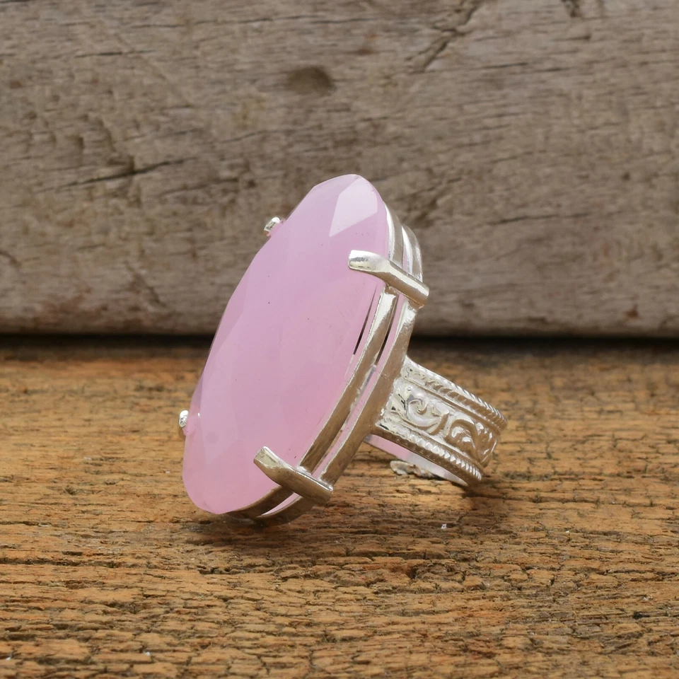 Valentine's Regalo Quarzo Rosa Gemma 925 Argento Sterling Mano Anello All Misura - Immagine 2 di 4