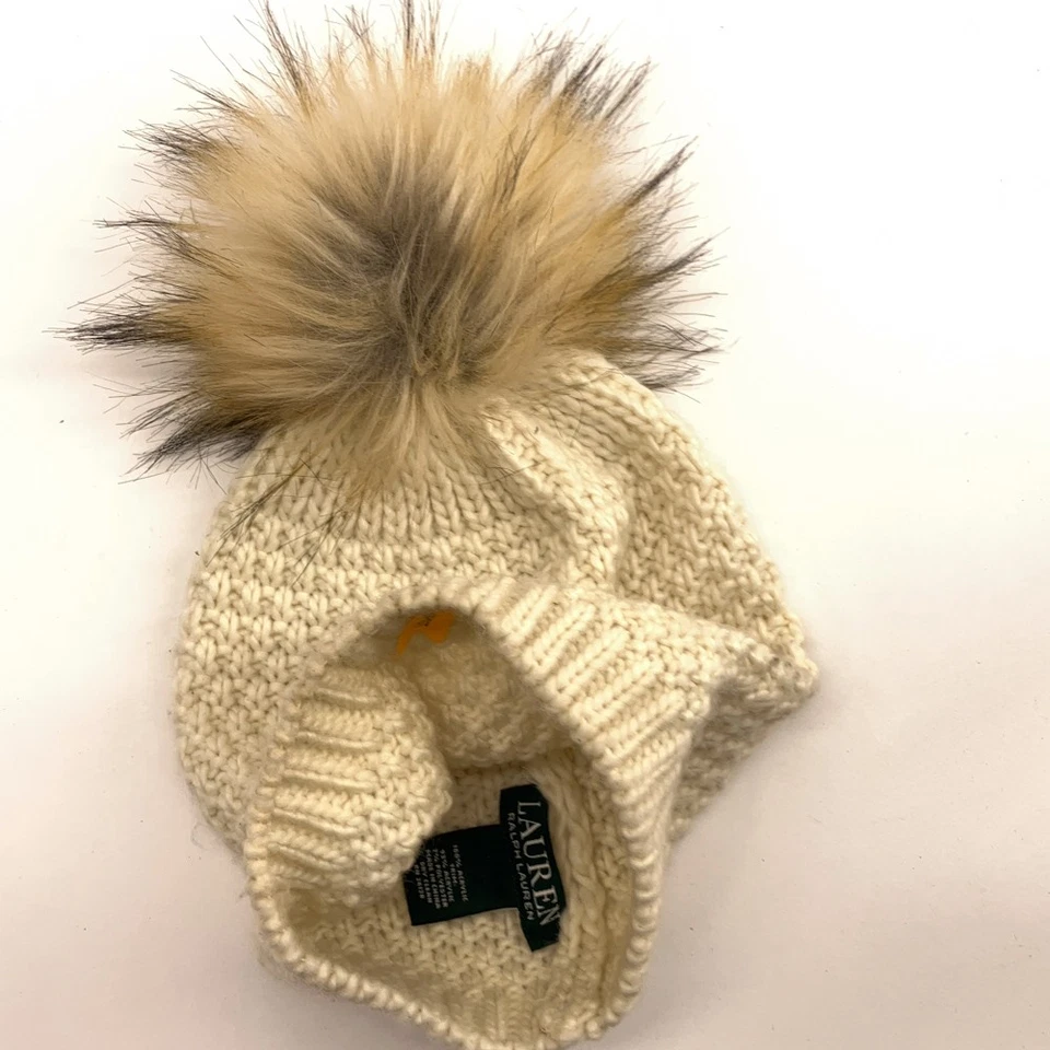 Lauren by Ralph Lauren Sombrero de Invierno Punto Fino Color Marfil Grande Pompón Foto 3 de 4