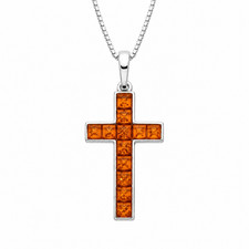 925 Sterling Silver Baltic Amber Cross Neckla...