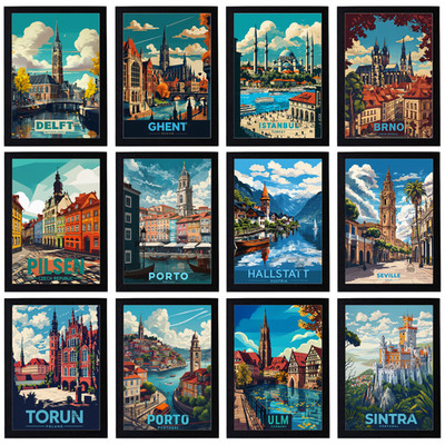 Vintage Reise Poster Stadt Retro Fantasy Stadtbild Kneipe Wandbild Deko A3 A4 A5