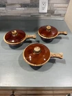 3 Vintage HULL BROWN DRIP Soup Chili Handled BOWLS w /LIDS USA