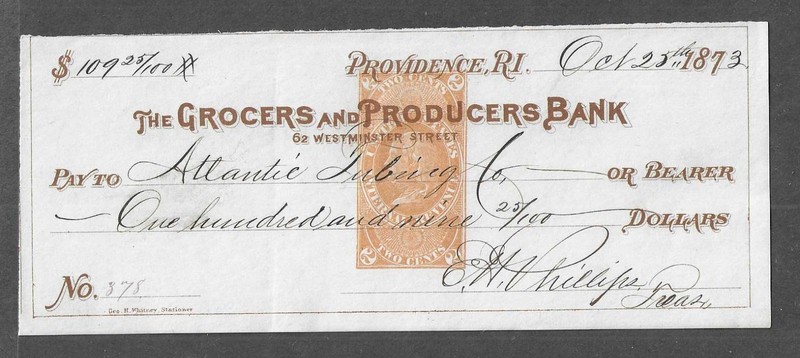 1873 Providence Rhode Island Bank Check w/RN-E4