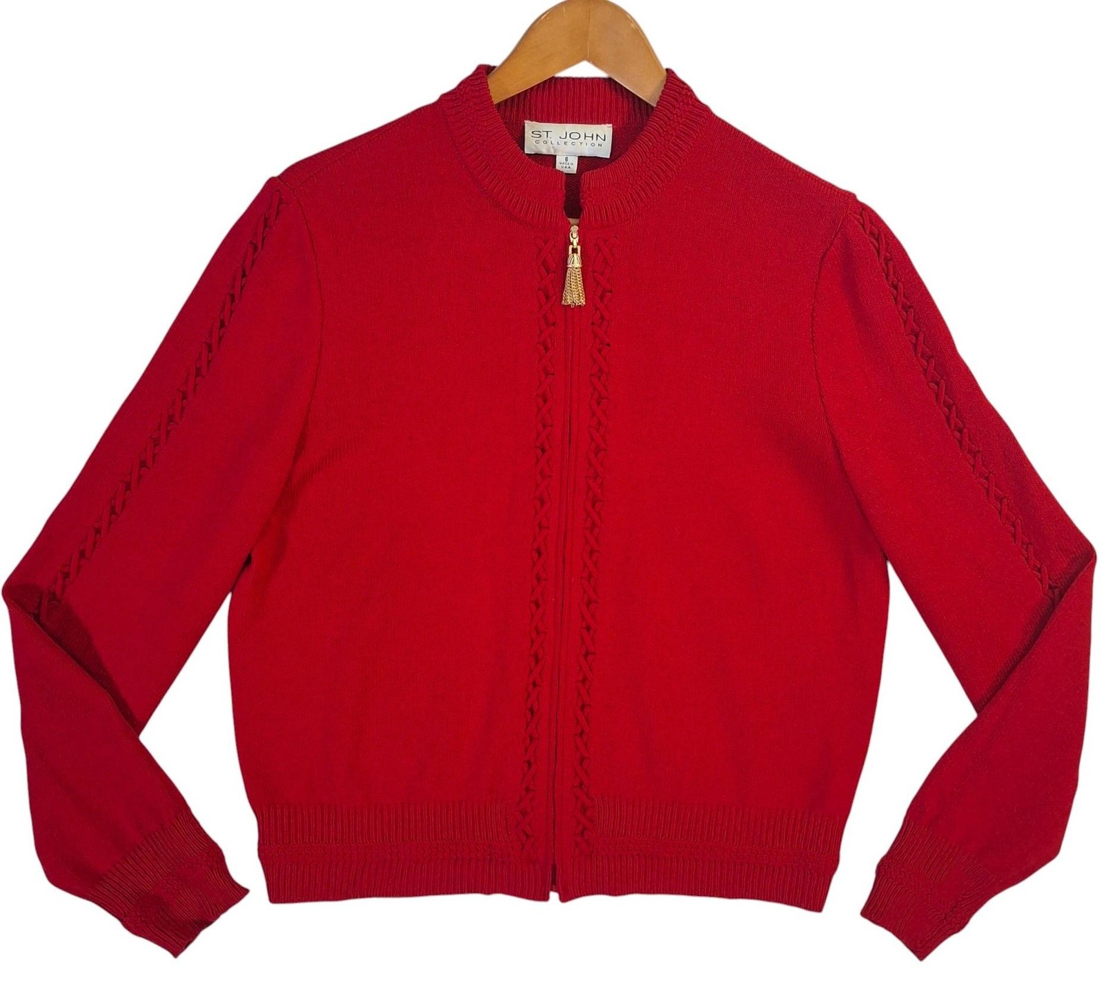 St. John Collection Sweater Womens 6 Red Zip Cardigan Tassel Zipper Made in USA