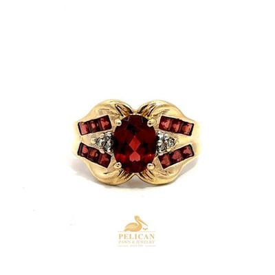 Women's 10K Gold, Red Stone, & Diamond Ring SZ: 6.5 (IE) (PSH035062)