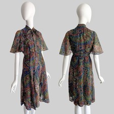 Vintage 1960s Christian Dior Miss Dior Colorful Paisley Flutter Sleeve Dress XS