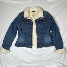 Gap Denim Jacket Girls 14 - 16 XXL Jean Floral Embroidered Fur Sherpa lined coat