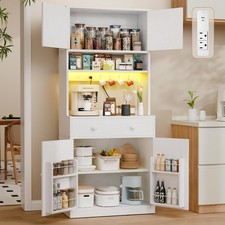 Kitchen Pantry Cabinet with Microwave Countertop,LED Lights with Drawer,4 Doors