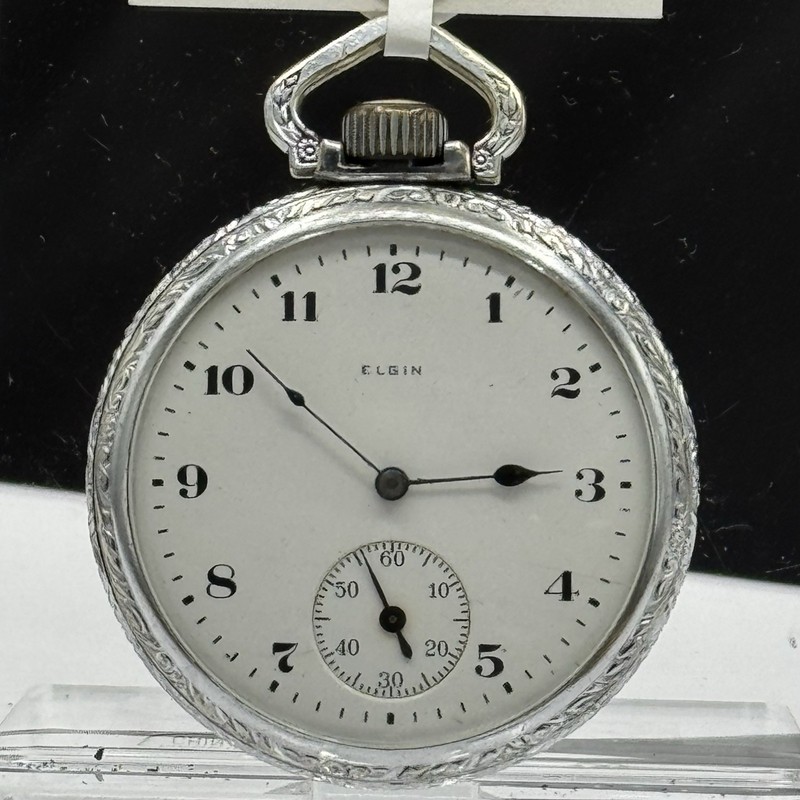 1921 Elgin 7J Pocket Watch Silver Tone Fancy Case Blue Hands