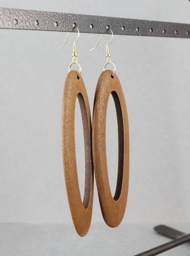 wood oval earrings Brown big giant lightweight wood dangle wooden 4.25"long - Picture 3 of 9