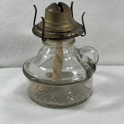 Vtg Glass Oil Lamp Finger Loop Kerosene Lamp Starburst Pattern On Base