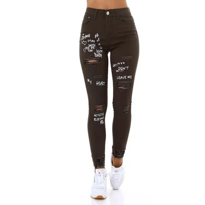 Jeans Damen Skinny Jeanshose Used Look High Waist Print Khaki 34 / XS - Bild 1 von 4