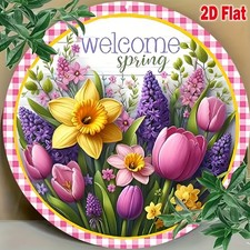 2D Welcome Spring Metal Sign Round Metal Sign Door Hanger Decorative Sign Plaque
