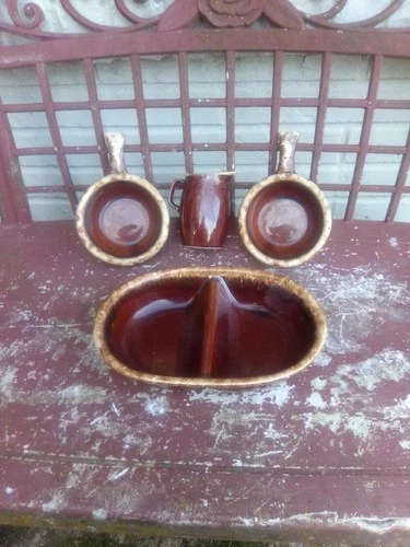 Hull HP+Co Divided Candy/Veggie Dish+2 Soup Bowls+Creamer Brown Drip Glaze USA