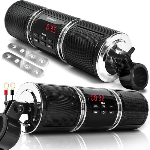 Motorcycle Speakers Bluetooth, Waterproof Audio System Built-In Amplifier, FM Ra