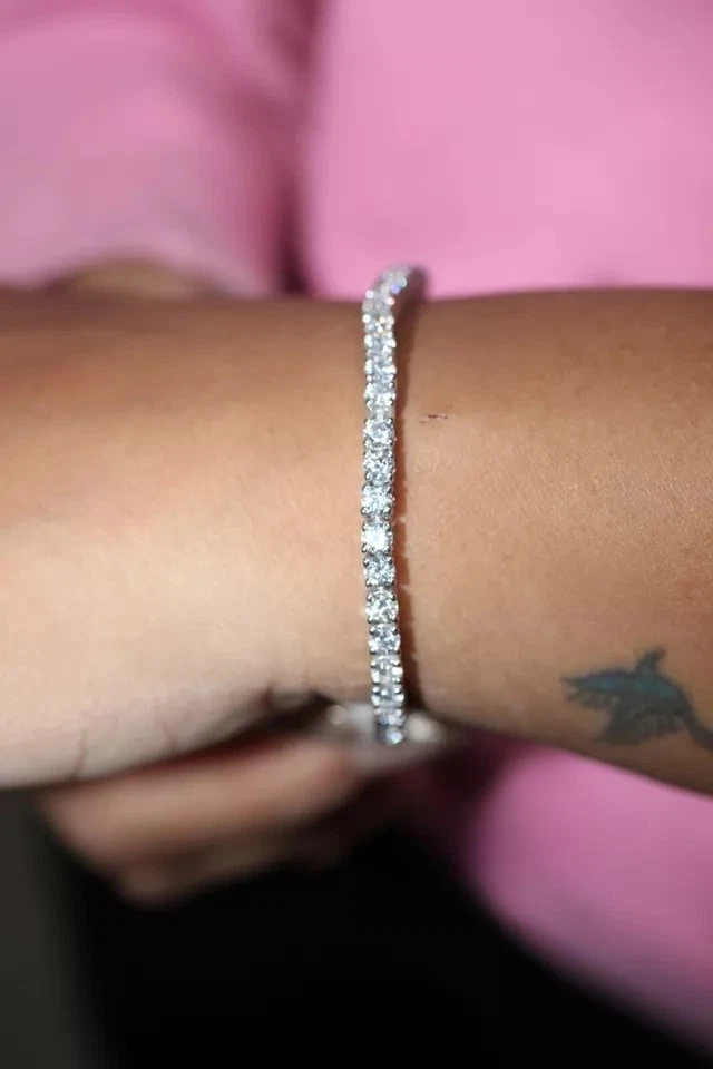 Pulseira de tênis feminina 7" corte redondo 6 quilates ouro branco 14K sólido presente de casamento - Imagem 3 de 4