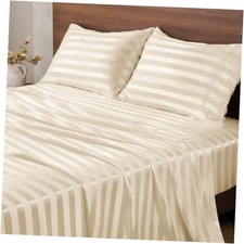 Satin Sheets Size, Luxury Jacquard Striped Bedsheets Set with Queen Beige