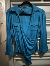Women  s Bebe Wrap Body Suit with Collar and Pockets Size Large