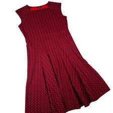 Lands End Fit Flare Dress Wmns 14-16 Red Black Geometric 459186 Business Casual
