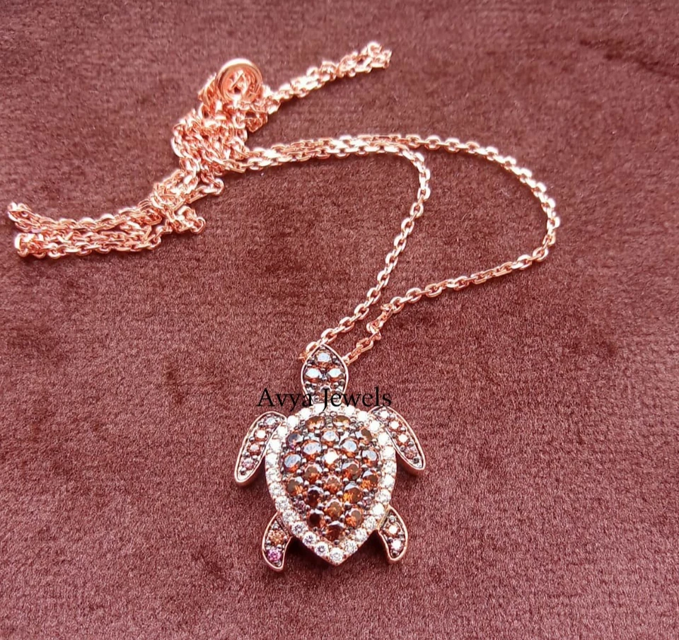 2 CT Round Brown Diamond Aloha Turtle Sea Pendant Necklace 14K Rose Gold Plated - Image 4 of 4