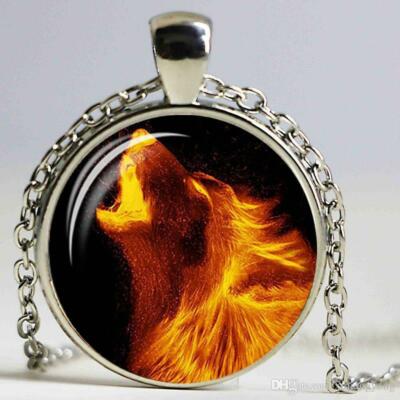 German Silver 20'' necklace FIRE FLAMES WOLF HOWL pendant women men gift 