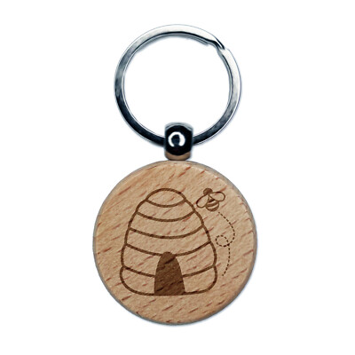 Bee Hive with Bee Engraved Wood Round Keychain Tag Charm