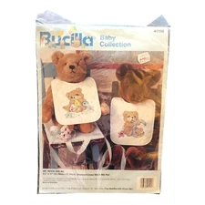 Vintage Bucilla Mr Moon And Me Bear Bib Pair Stamped Cross Stitch Kit  No.41195