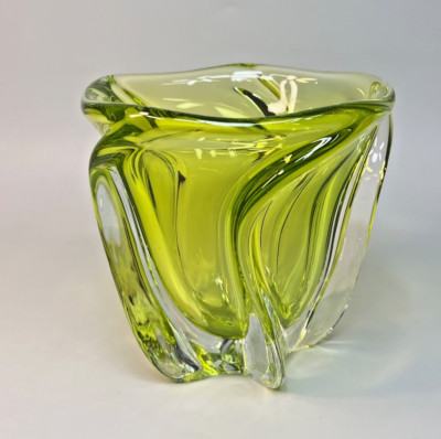 1960s Bohemian Czech Josef Hospodka Chribska Art Blown Glass Vase Lime Green